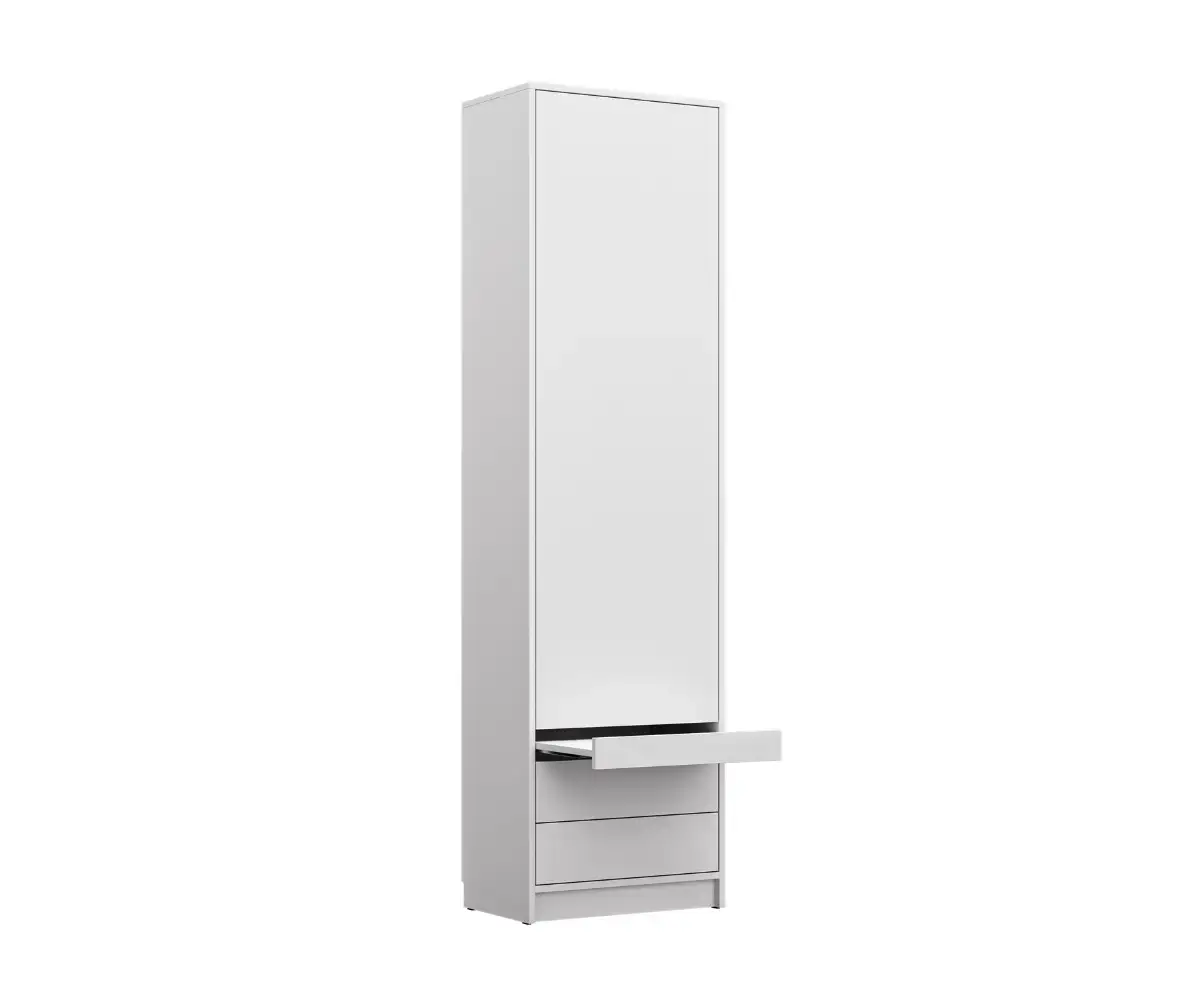 Colonne de rangement blanc avec tablette ouverte et tiroirs + porte