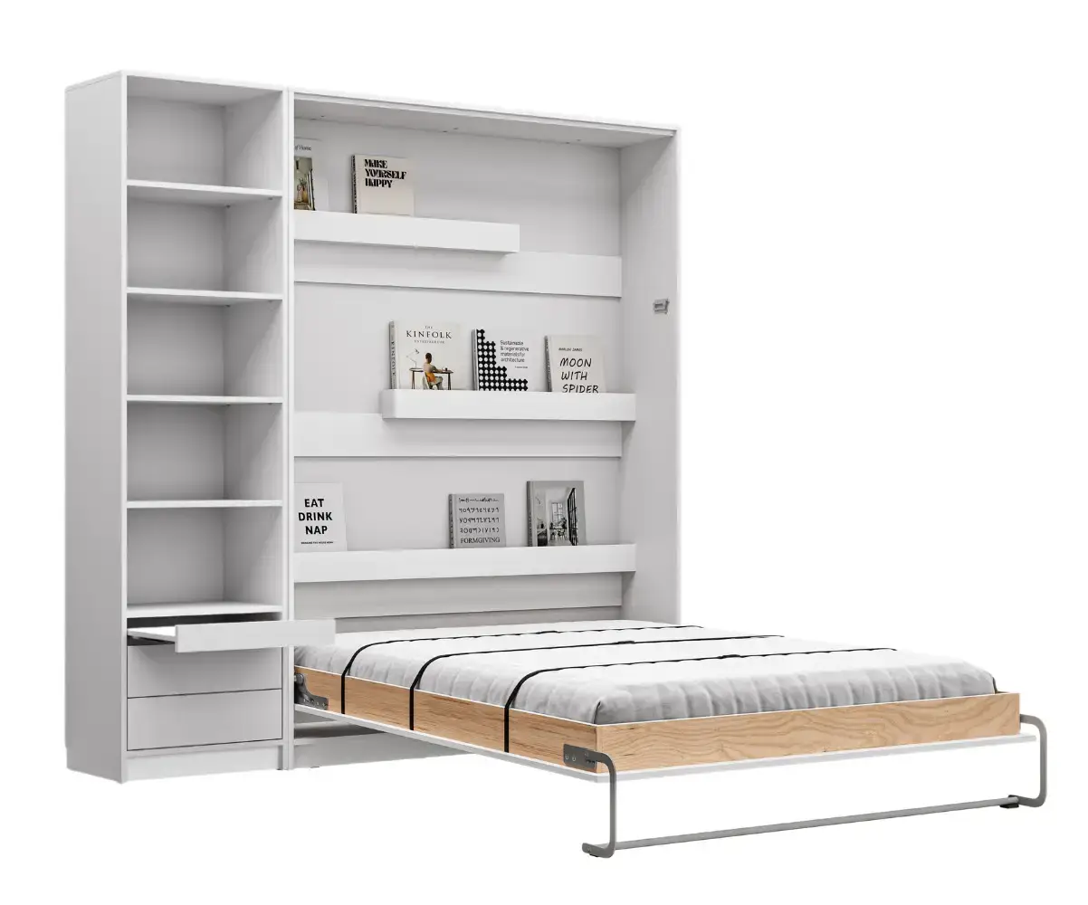 Lit escamotable blanc Helios avec ses deux colonnes de rangement fermé