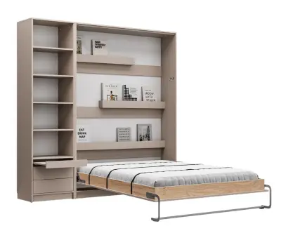 Lit escamotable taupe Helios avec ses deux colonnes de rangement ouvert