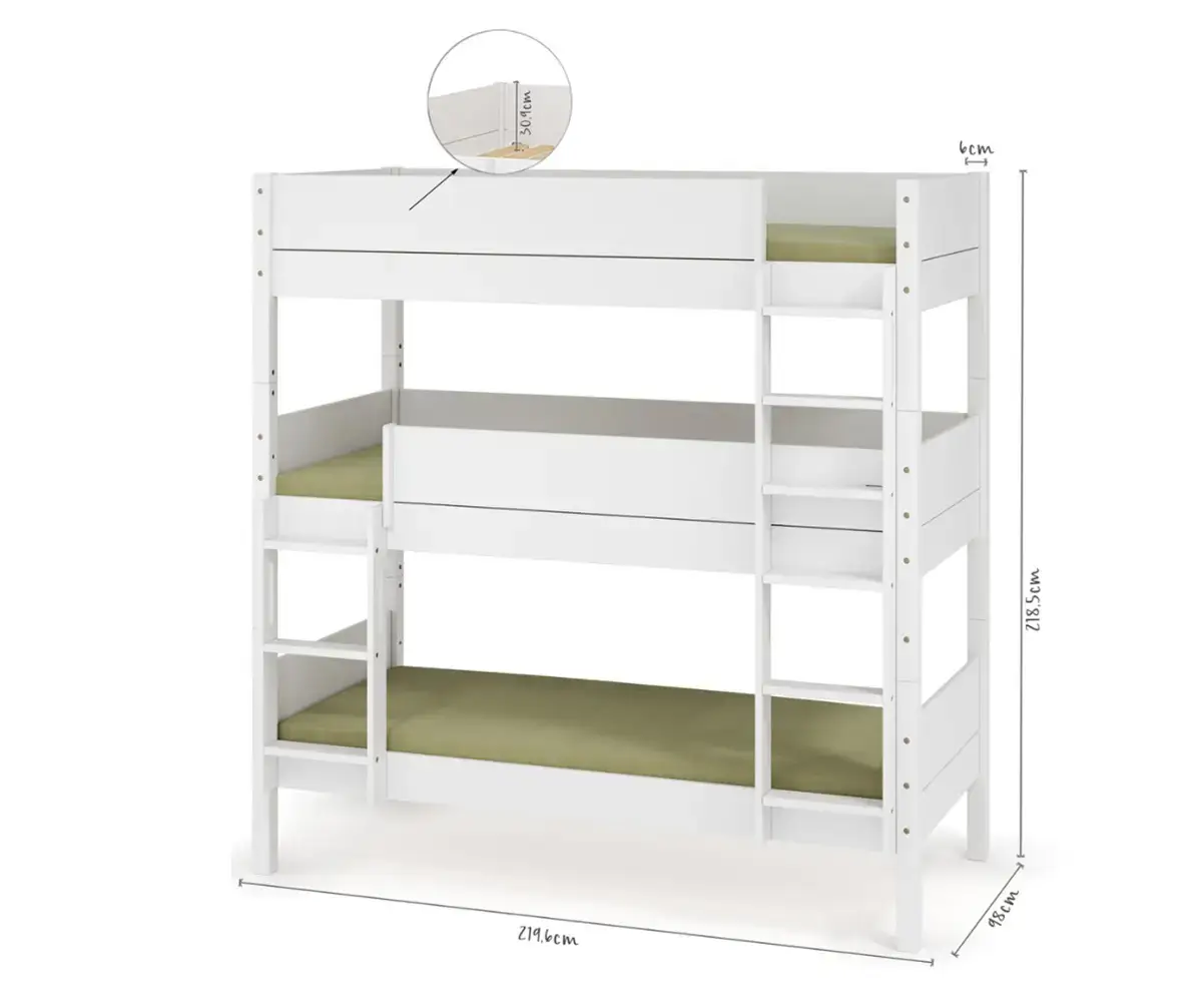 Plan dimensionnel du pack lit superposé 3 places Alto + 3 matelas échelle grand côté