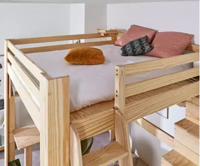 Lit Mezzanine Palomar XL. Robuste en Bois massif. Bureau inclus