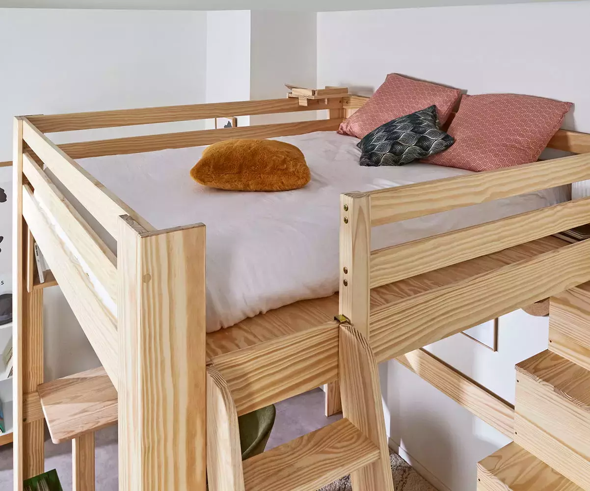 Lit Mezzanine Palomar XL. Robuste en Bois massif. Bureau inclus