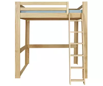 Lit mezzanine bois 200x200 de face avec échelle à droite