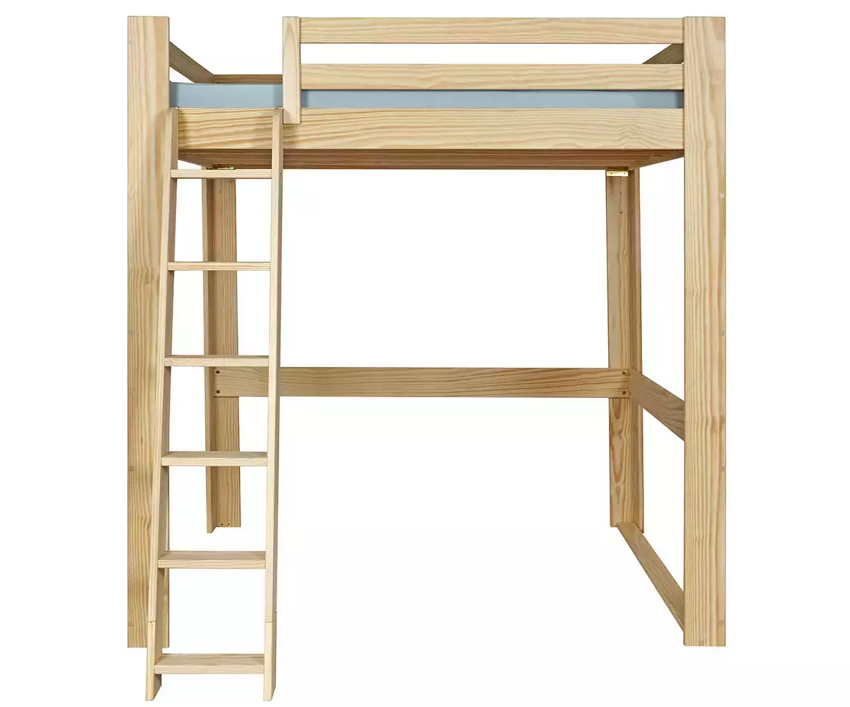 Lit mezzanine bois 200x200 de face avec échelle à gauche