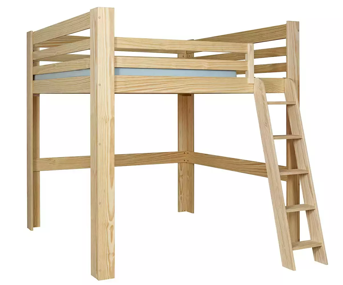 Lit mezzanine bois 200x200 en version basse avec 3 gardes du corps en option
