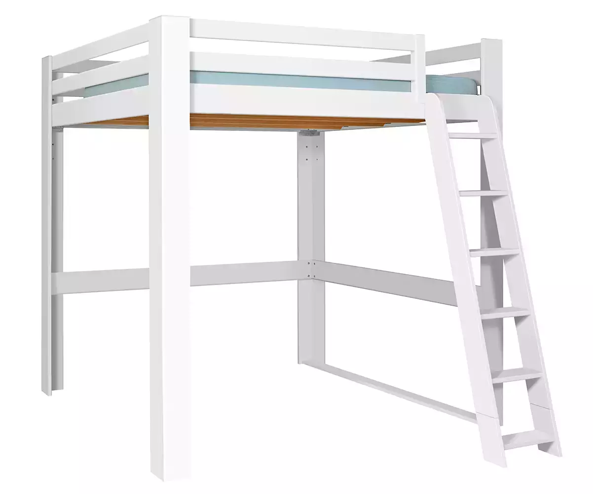 Lit mezzanine blanc 200x200 avec échelle à droite
