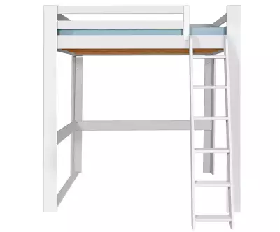 Lit mezzanine blanc 200x200 de face avec échelle à droite