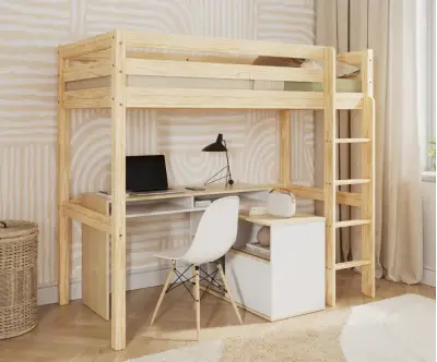Pack Lit Mezzanine Ted + Matelas, en Bois Massif