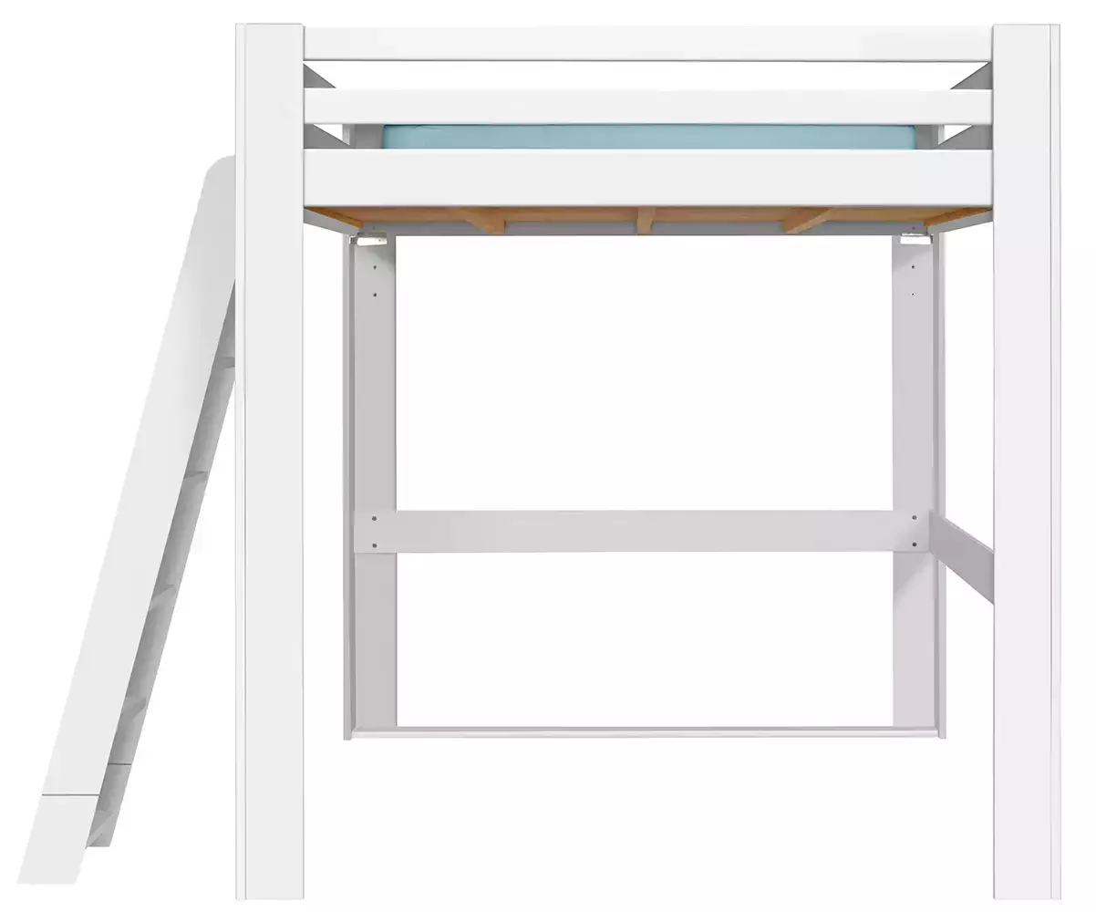 Lit mezzanine blanc 200x200 de côté avec échelle à gauche