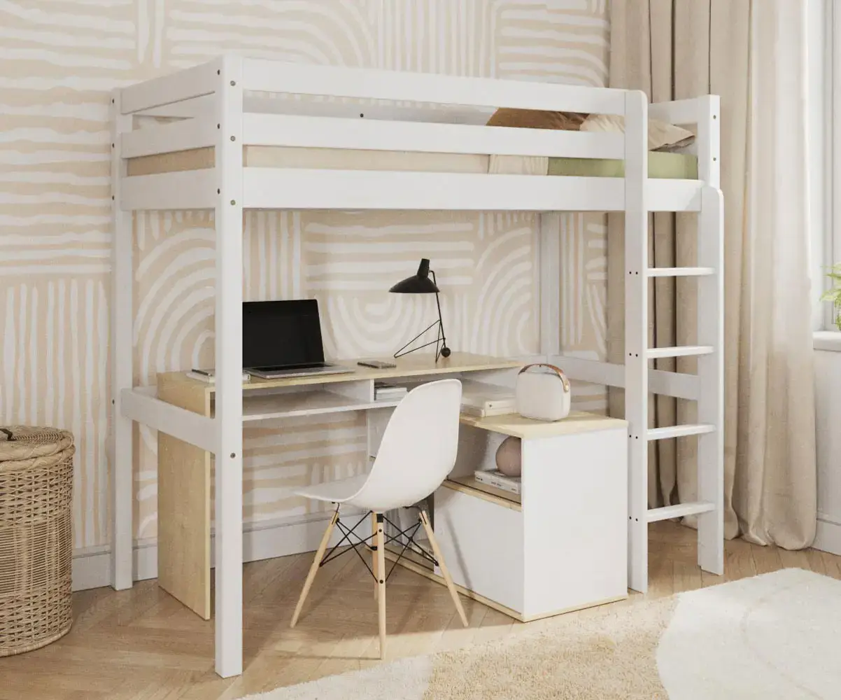 Pack Lit Mezzanine Ted + Matelas, en Bois Massif