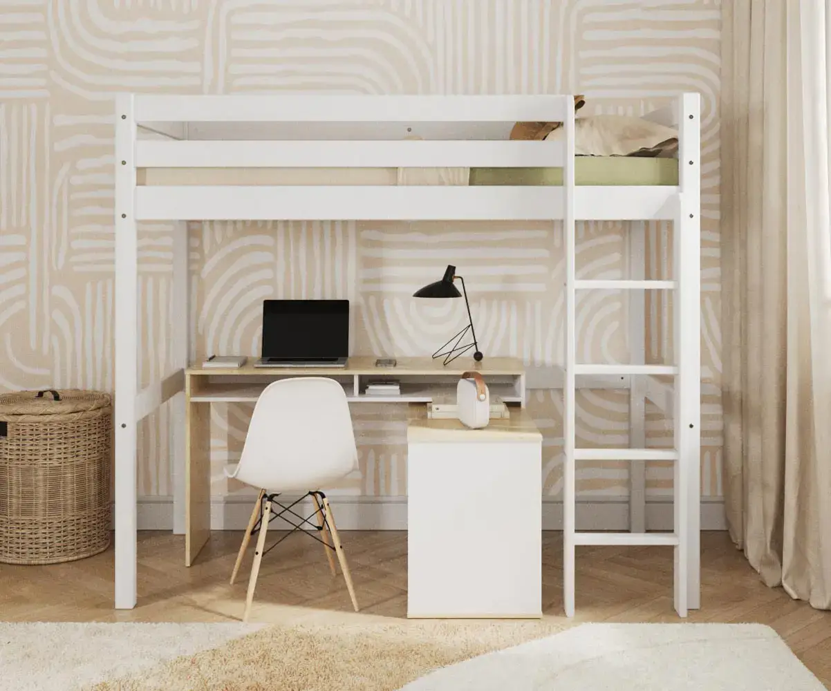 Pack Lit Mezzanine Ted + Matelas, en Bois Massif