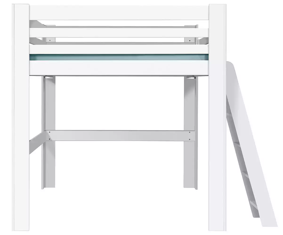 Lit mezzanine blanc 200x200 de côté avec échelle à droite garde corps en option