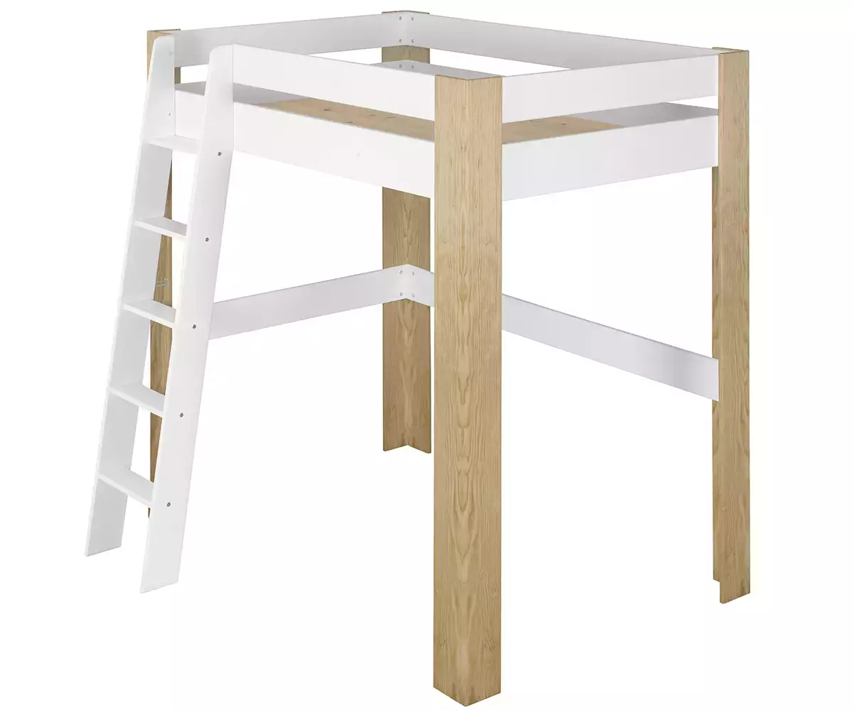 Lit mezzanine avec échelle et sommier parquet Paros bois et blanc avec matelas