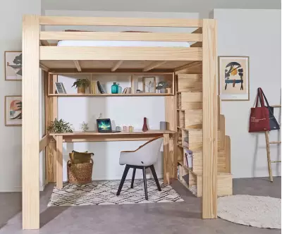 Lit mezzanine bois 200x200 avec escalier Palomar