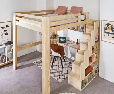Lit mezzanine bois 200x200 avec escalier et bureau Palomar