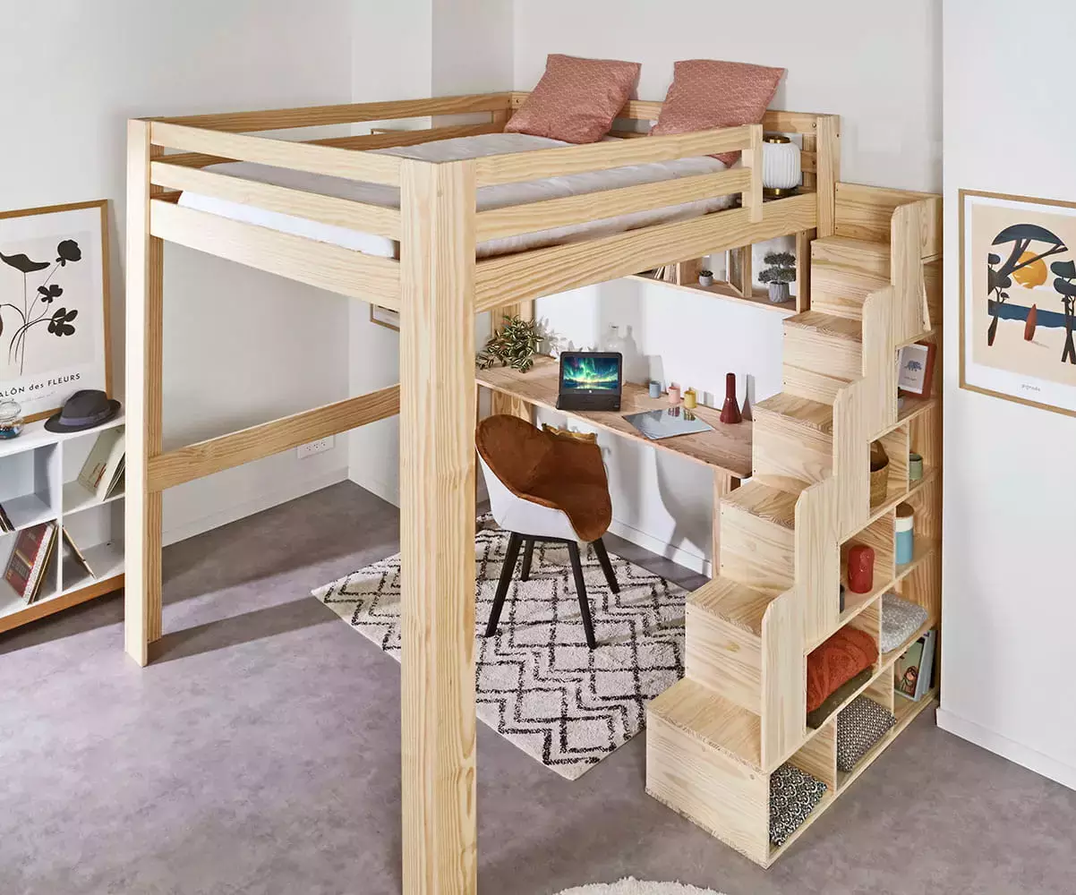 Lit mezzanine bois 200x200 avec escalier et bureau Palomar
