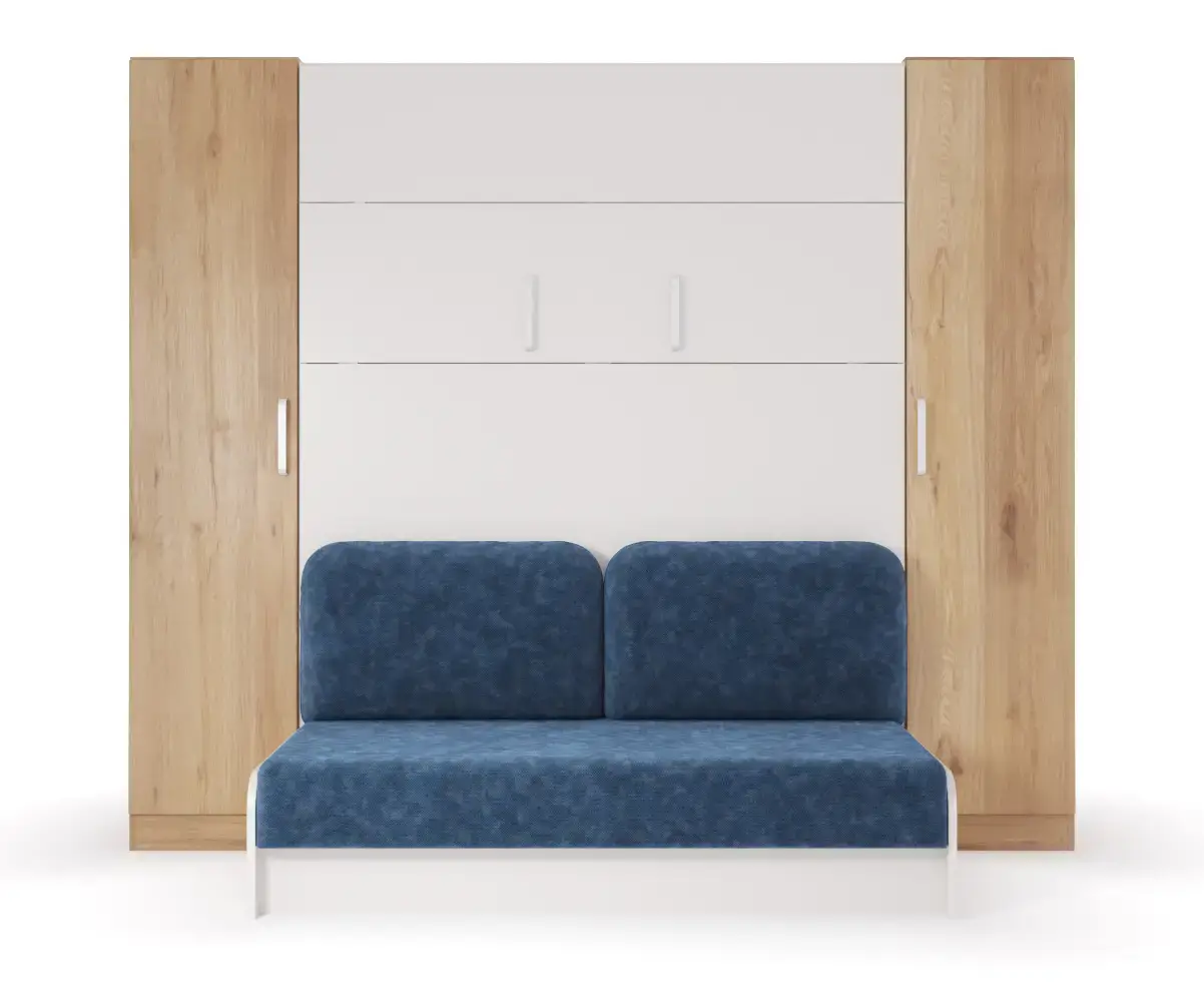 Lit escamotable avec canapé bleu et colonnes bois - gain de place