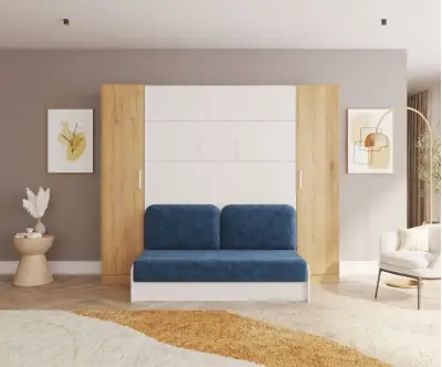 Lit escamotable avec canapé bleu et colonnes bois