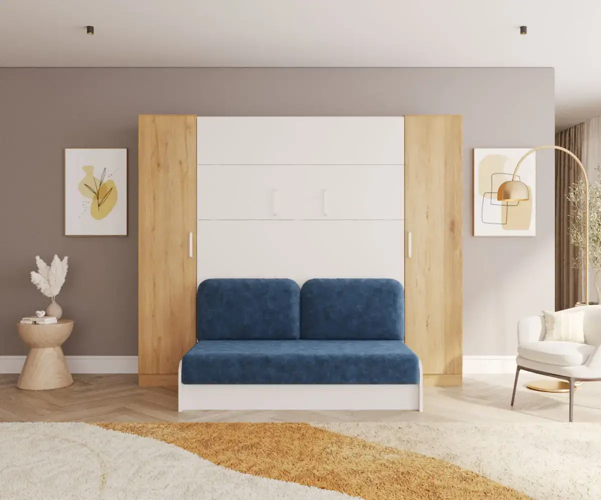 Lit escamotable avec canapé bleu et colonnes bois