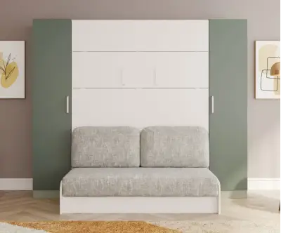 Lit escamotable avec canapé beige et colonnes vertes