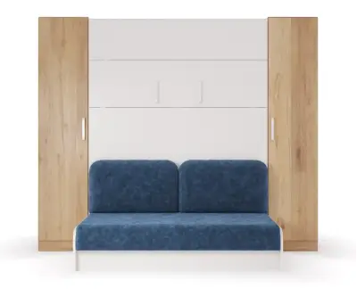Lit escamotable avec canapé bleu et colonnes bois - gain de place