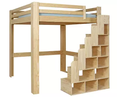 Lit mezzanine Palomar en bois avec escalier à droite