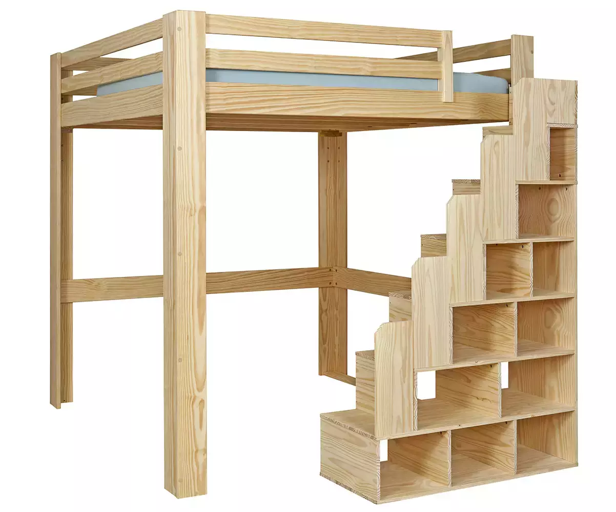 Lit mezzanine Palomar en bois avec escalier à droite