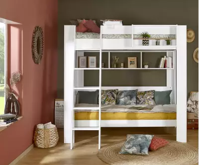Pack lit mezzanine Paros 2 places avec banquette blanche + matelas