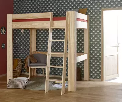 Lit mezzanine échelle 2 places Paros bois naturel + matelas