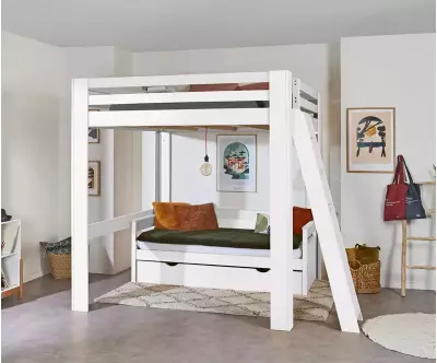 Lit mezzanine blanc 200x200 cm Palomar avec banquette en option