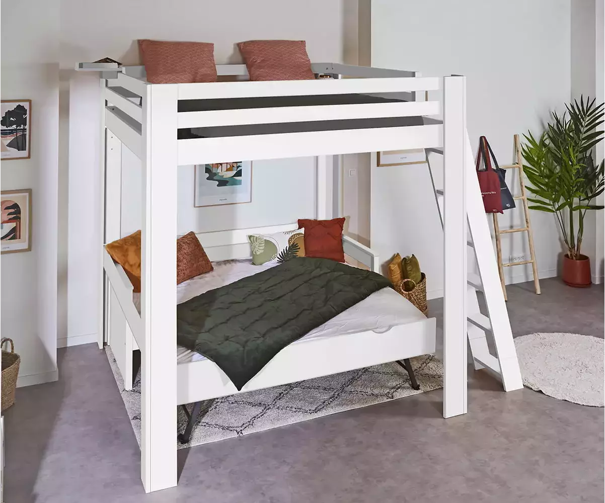 Lit mezzanine blanc 200x200 cm Palomar avec banquette Nuage ouverte en option