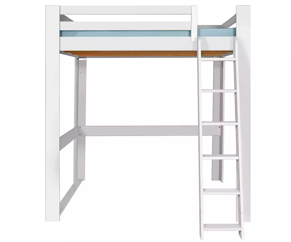 Lit mezzanine blanc 200x200 de face avec échelle à droite