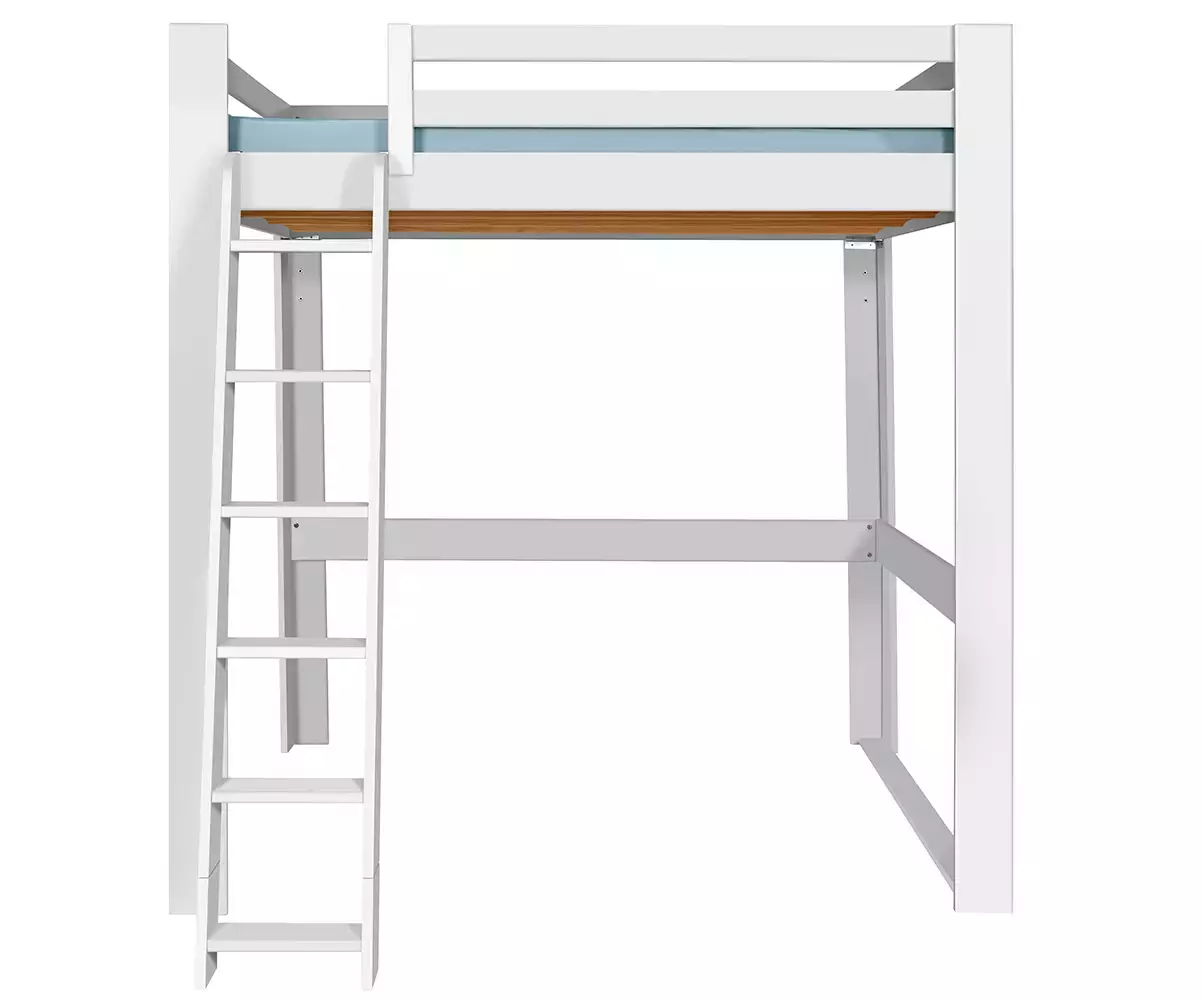 Lit mezzanine blanc 200x200 de face avec échelle à gauche