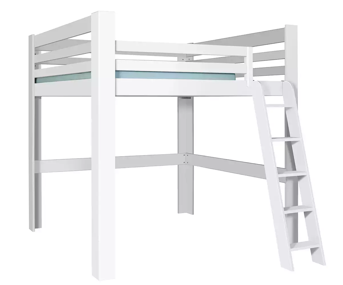 Lit mezzanine blanc 200x200 en version basse avec 3 gardes du corps en option