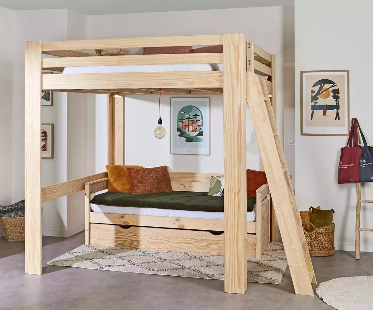 Lit mezzanine bois 200x200 cm Palomar avec banquette en option