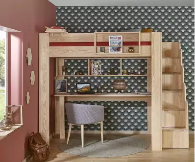 Lit mezzanine escalier 2 places avec bureau coloris bois naturel