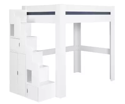 Lit mezzanine blanc avec module escalier à gauche