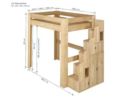 Dimensions lit mezzanine Paros bois naturel