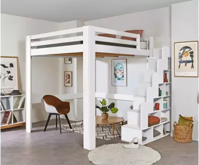Lit mezzanine blanc 200x200 avec escalier