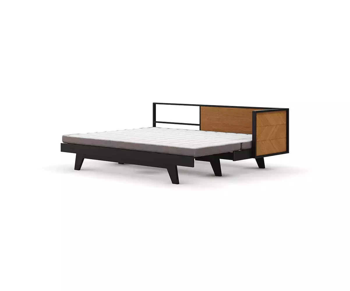 Vue de 3/4 du lit Farrel déplié avec matelas en option