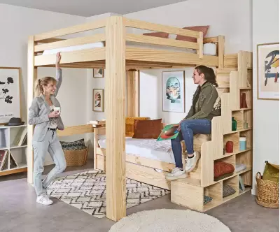 Lit mezzanine bois 200x200 avec escalier