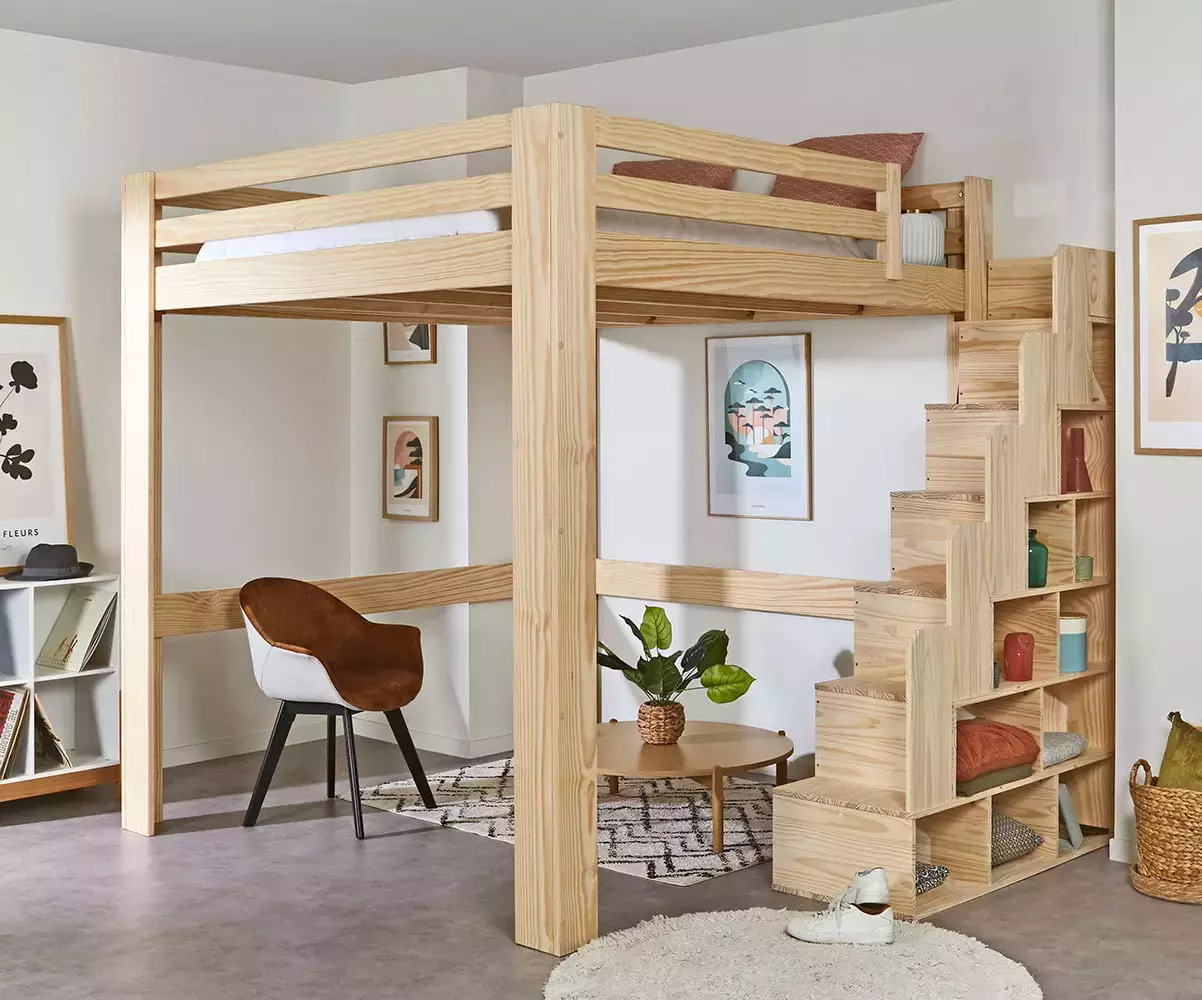 Lit mezzanine bois 200x200 avec escalier réversible