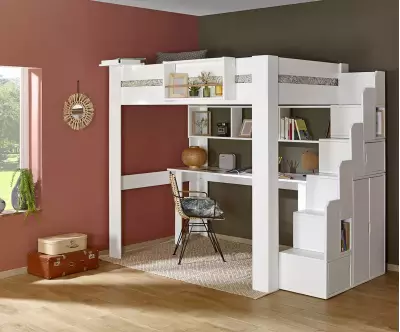 Lit mezzanine blanc 2 places avec bureau intégré