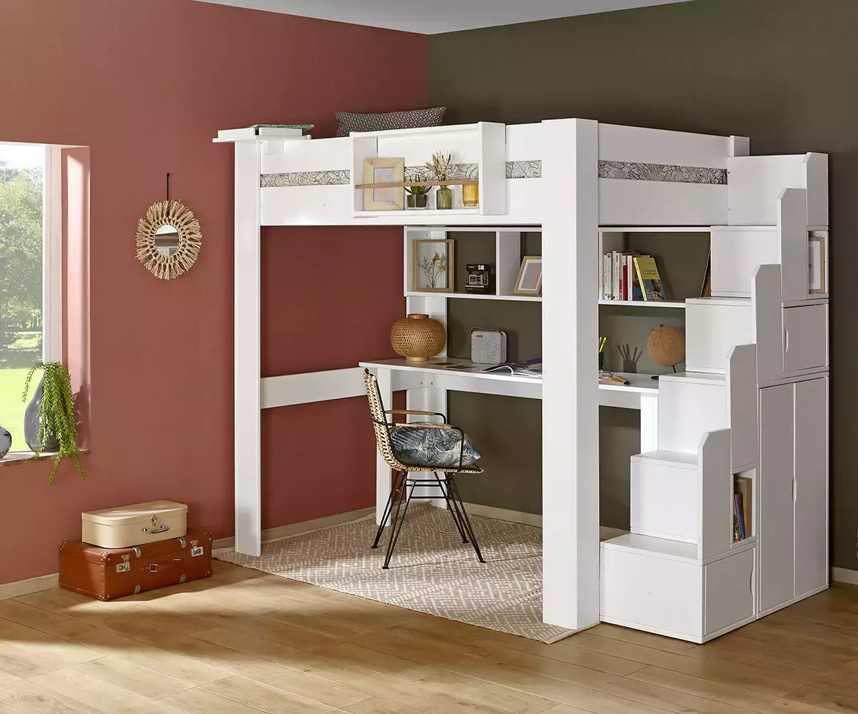 Lit mezzanine blanc 2 places avec bureau intégré