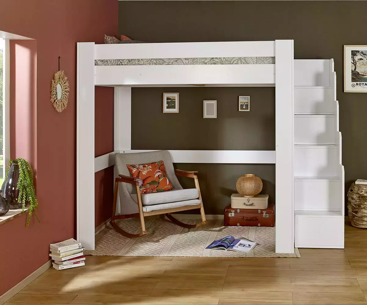 Lit mezzanine gain de place blanc avec module escalier