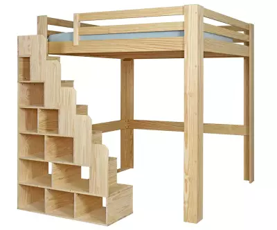 Lit mezzanine bois 200x200 avec escalier à gauche