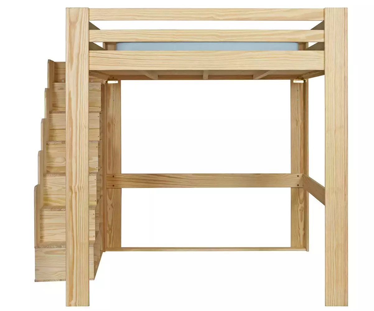Lit mezzanine bois 200x200 de face avec escalier à gauche