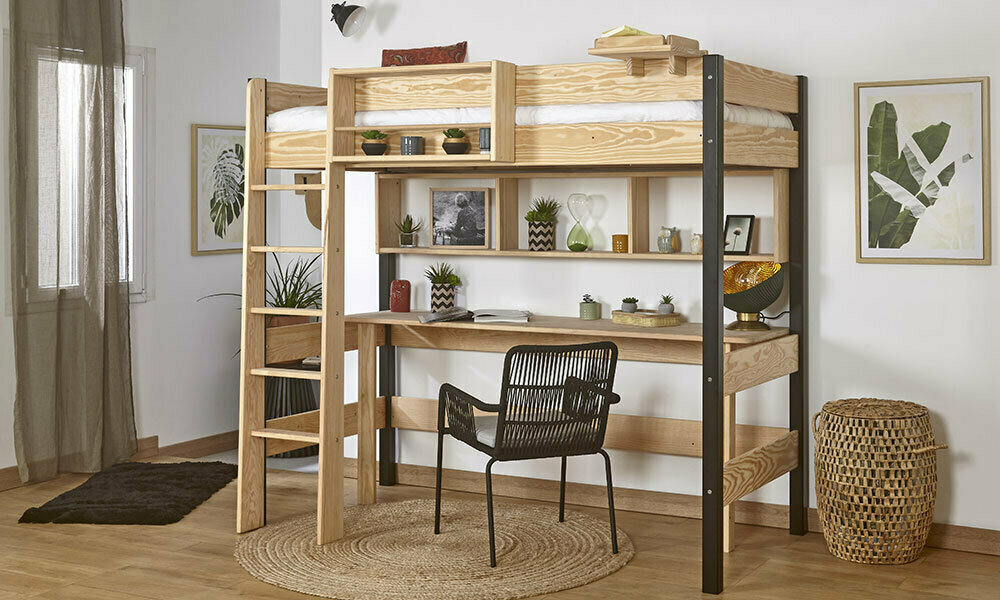 Lit Mezzanine 1 Place Avec Bureau Et étagères – Bois Massif Pin – Crème Verni – 90x200 Cm – Occasion Très Bon état