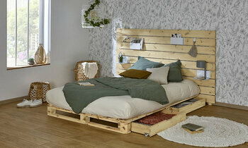 Lit palette Corfou, couchage double en bois massif style palette, avec  tiroirs