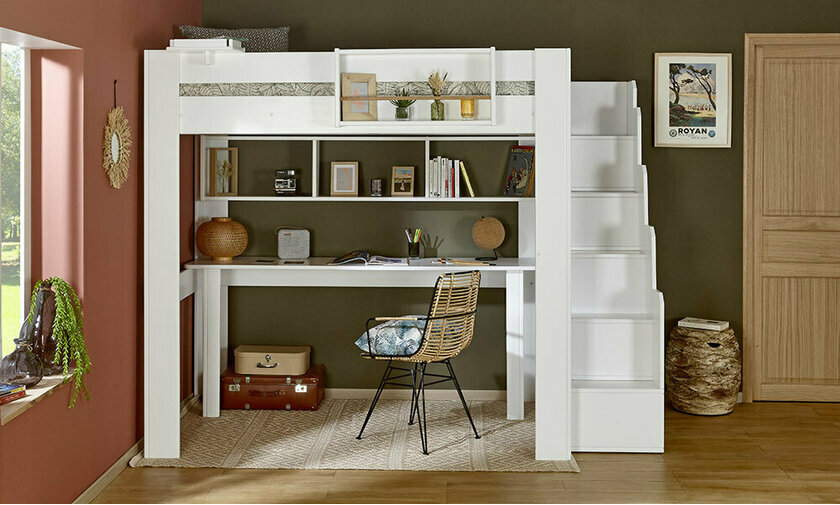 Lit Mezzanine Alinéa Blanc Laqué Avec Bureau, Placard, étagère Et Matelas, 190 Cm